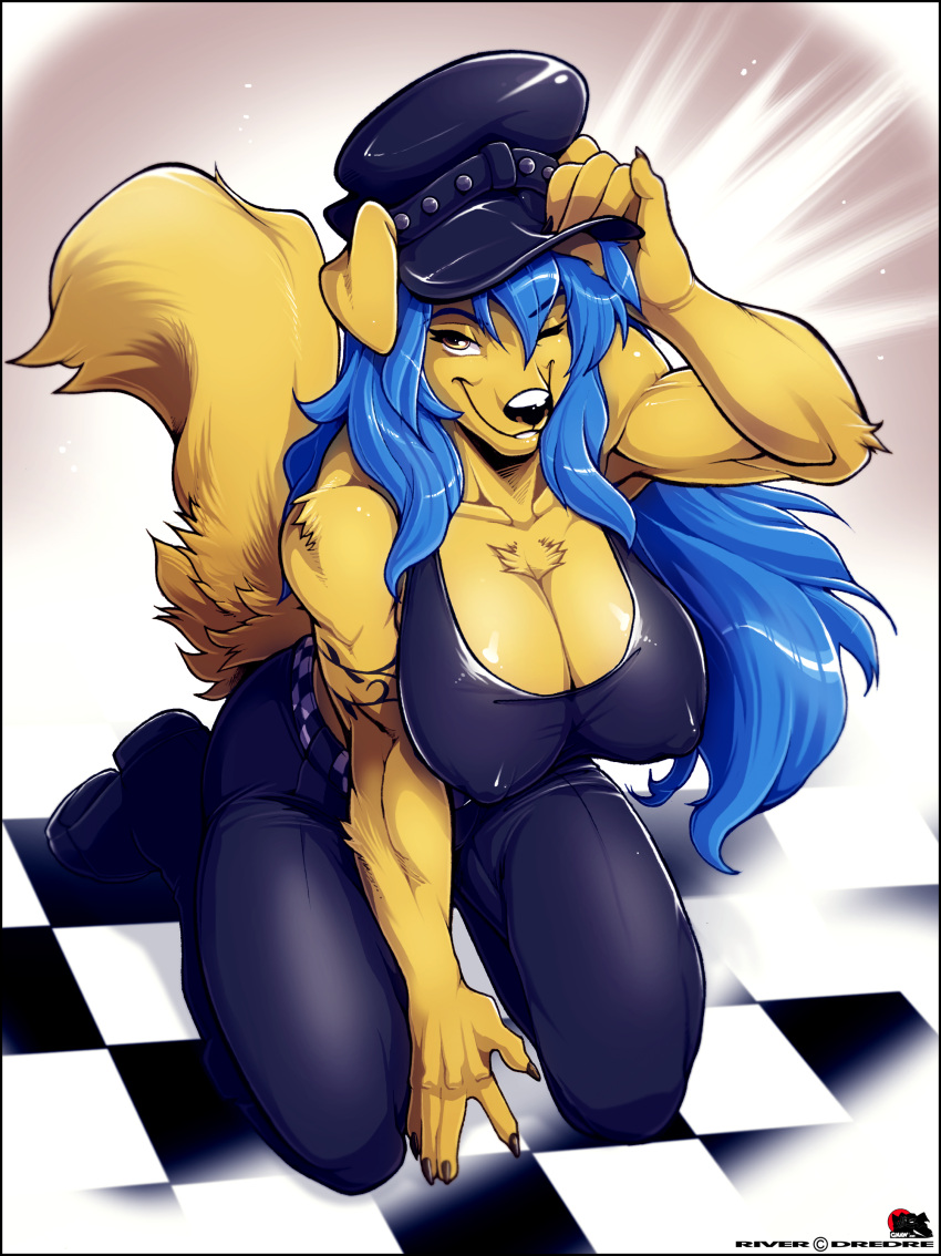 absurd_res amy_"river"_lewis_(lildredre) anthro big_breasts biker_cap bird_dog black_nose blue_hair boots bottomwear breasts canid canine canis cleavage clothed clothing curvy_figure digital_media_(artwork) domestic_dog erect_nipples female footwear fur gnaw golden_retriever hair hat headgear headwear hi_res hunting_dog leather leather_cap long_hair looking_at_viewer mammal nipple_outline nipples one_eye_closed pants retriever simple_background smile solo tattoo topwear voluptuous wide_hips wink