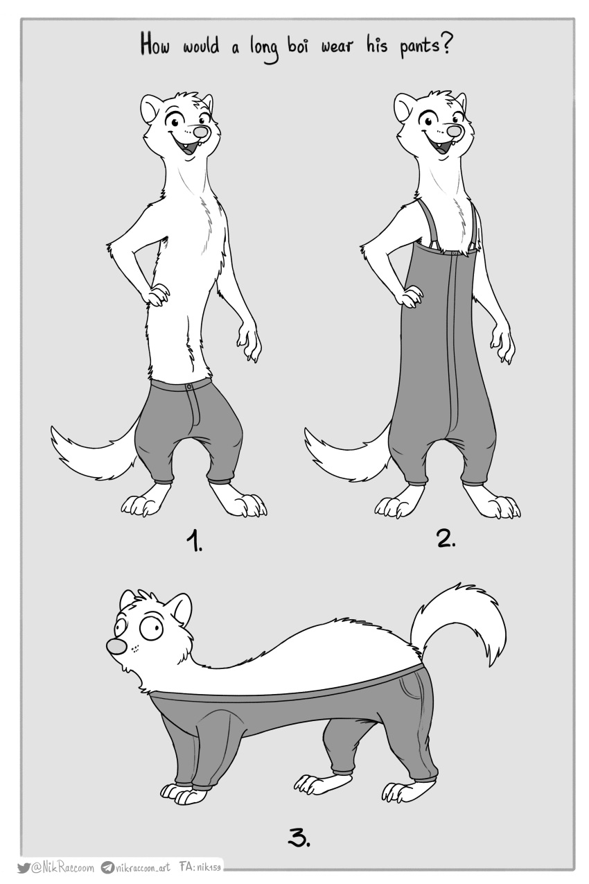 2021 absurd_res all_fours anthro bottomwear clothing comic derp_eyes domestic_ferret english_text greyscale hi_res humor looking_at_viewer male mammal meme monochrome mustela mustelid musteline nik159 number open_mouth open_smile overalls pants smile solo standing text true_musteline url