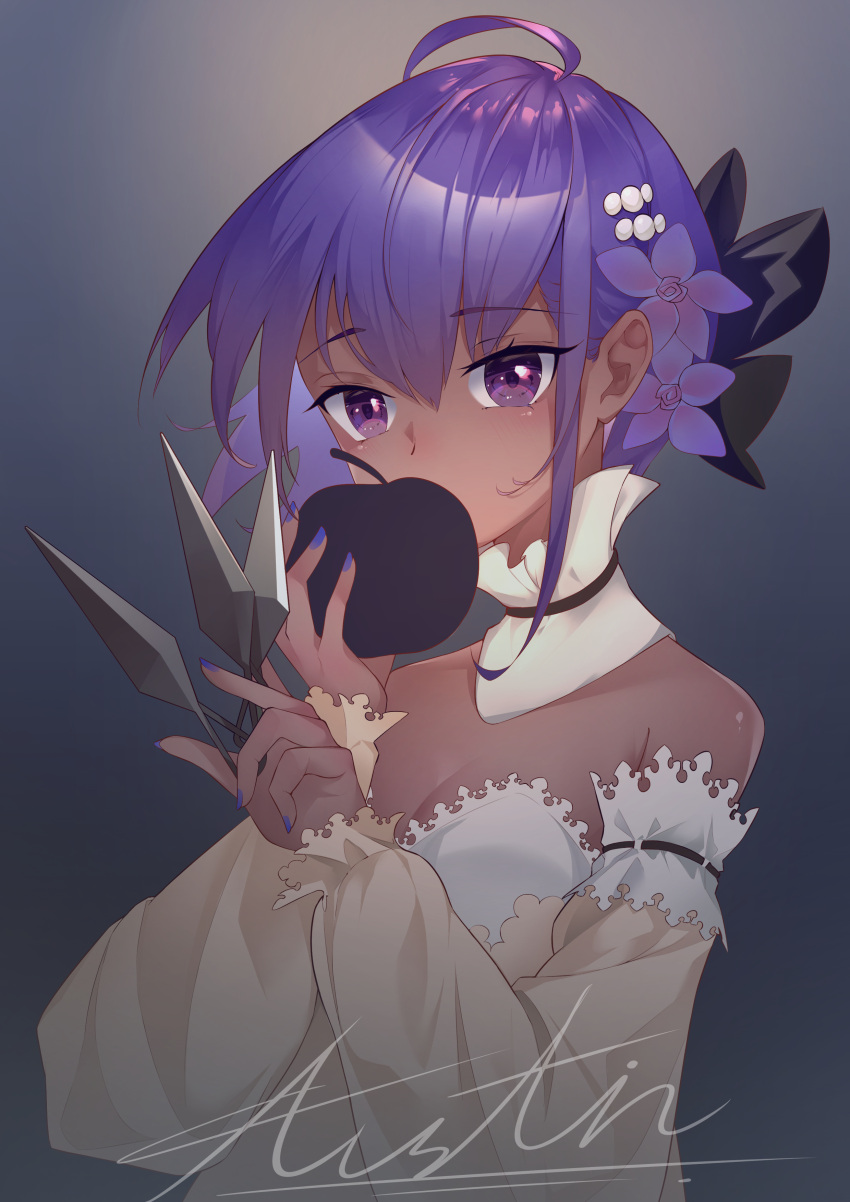 1girl absurdres ahoge apple bare_shoulders breasts chouchou_(austin) cleavage commentary_request dark_skin dark_skinned_female detached_collar dress fate/grand_order fate_(series) flower food fruit hair_flower hair_ornament hassan_of_serenity_(fate) highres holding holding_food holding_fruit holding_knife knife light_blush looking_at_viewer lostroom_outfit_(fate) nail_polish official_alternate_costume poison_(final_fight) poison_apple purple_eyes purple_hair purple_nails short_hair signature small_breasts solo throwing_knife upper_body weapon yellow_dress