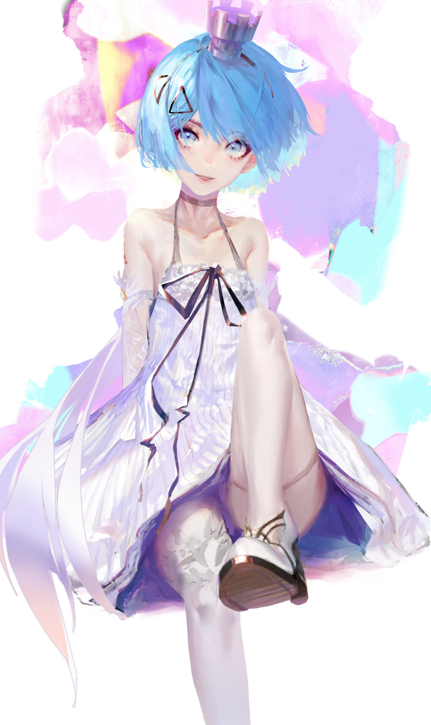 1girl absurdres bare_shoulders blue_eyes blue_hair choker dress eyelashes frilled_dress frills girls_frontline hair_ornament highres leg_lift light_smile looking_at_viewer ribbon rsef short_hair solo thighhighs upskirt white_legwear zas_m21_(girls_frontline)