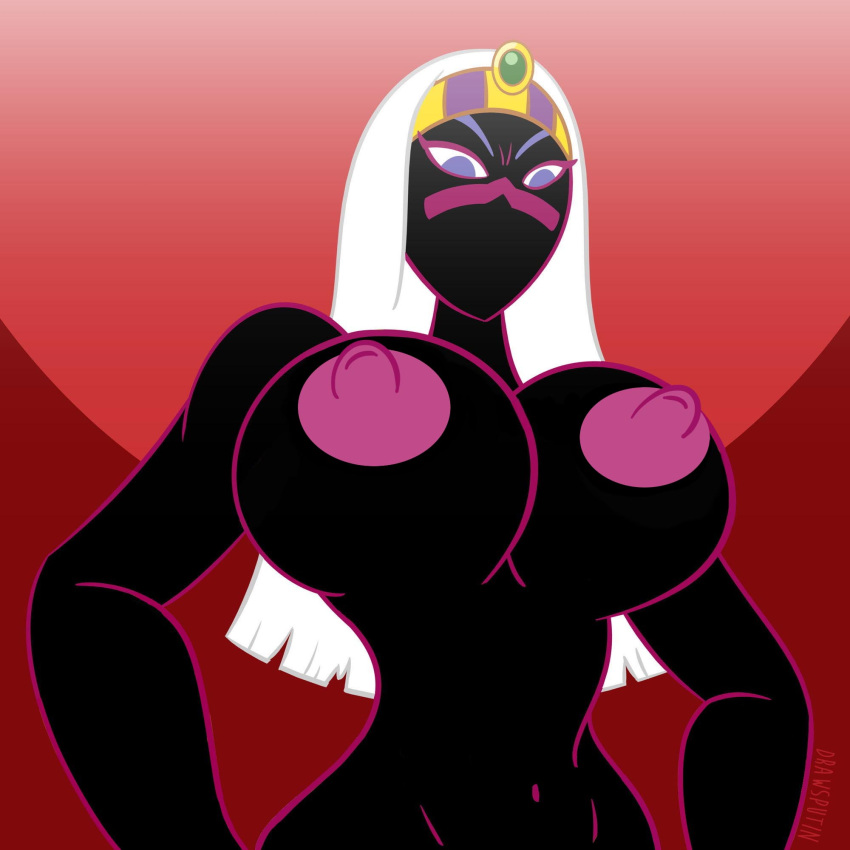 1:1 2021 alien alien_humanoid areola big_breasts black_body black_skin breasts drawsputin duck_dodgers female hair hi_res humanoid long_hair martian mouthless navel nipples not_furry nude purple_eyes queen_tyr'ahnee red_background simple_background solo white_hair