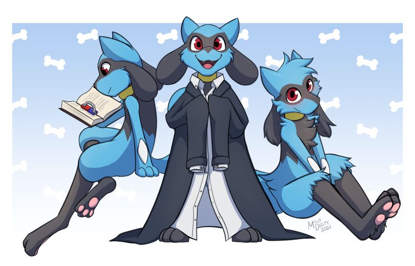 14:9 ambiguous_gender book clothed clothing cute_expression cute_eyes cute_face group hi_res humanoid milodesty nintendo pattern_background pok&eacute;mon pok&eacute;mon_(species) reading_book riolu simple_background sitting suit_jacket video_games