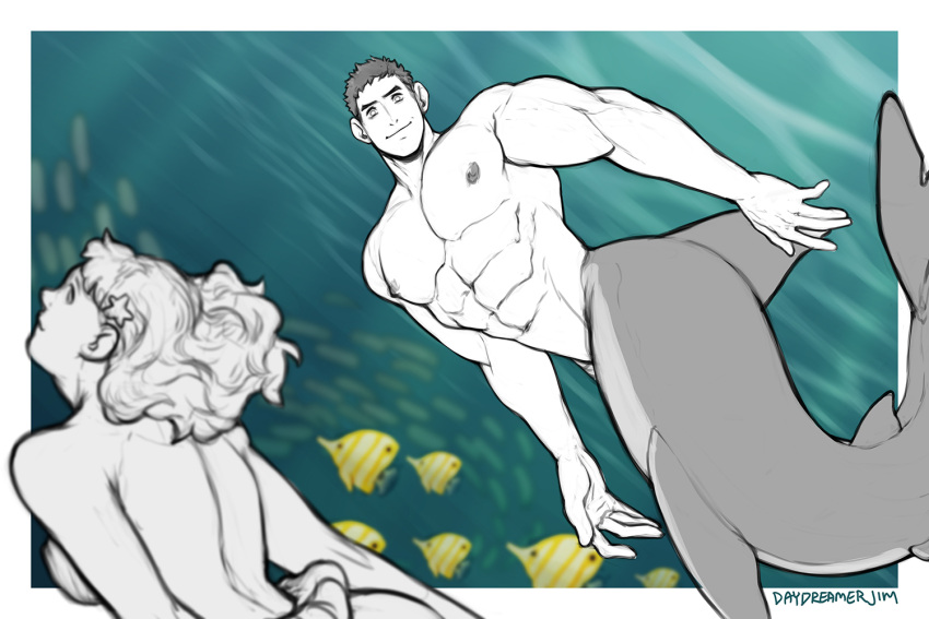 1boy 1girl abs alternate_pectoral_size bara blue_theme brown_hair completely_nude fins fish fish_boy fish_tail haikyuu!! jimsdaydreams large_pectorals looking_at_viewer mermaid merman monster_boy monster_girl monsterification muscular muscular_male navel nipples nude pectorals sawamura_daichi short_hair sideburns smile solo_focus stomach tail underwater