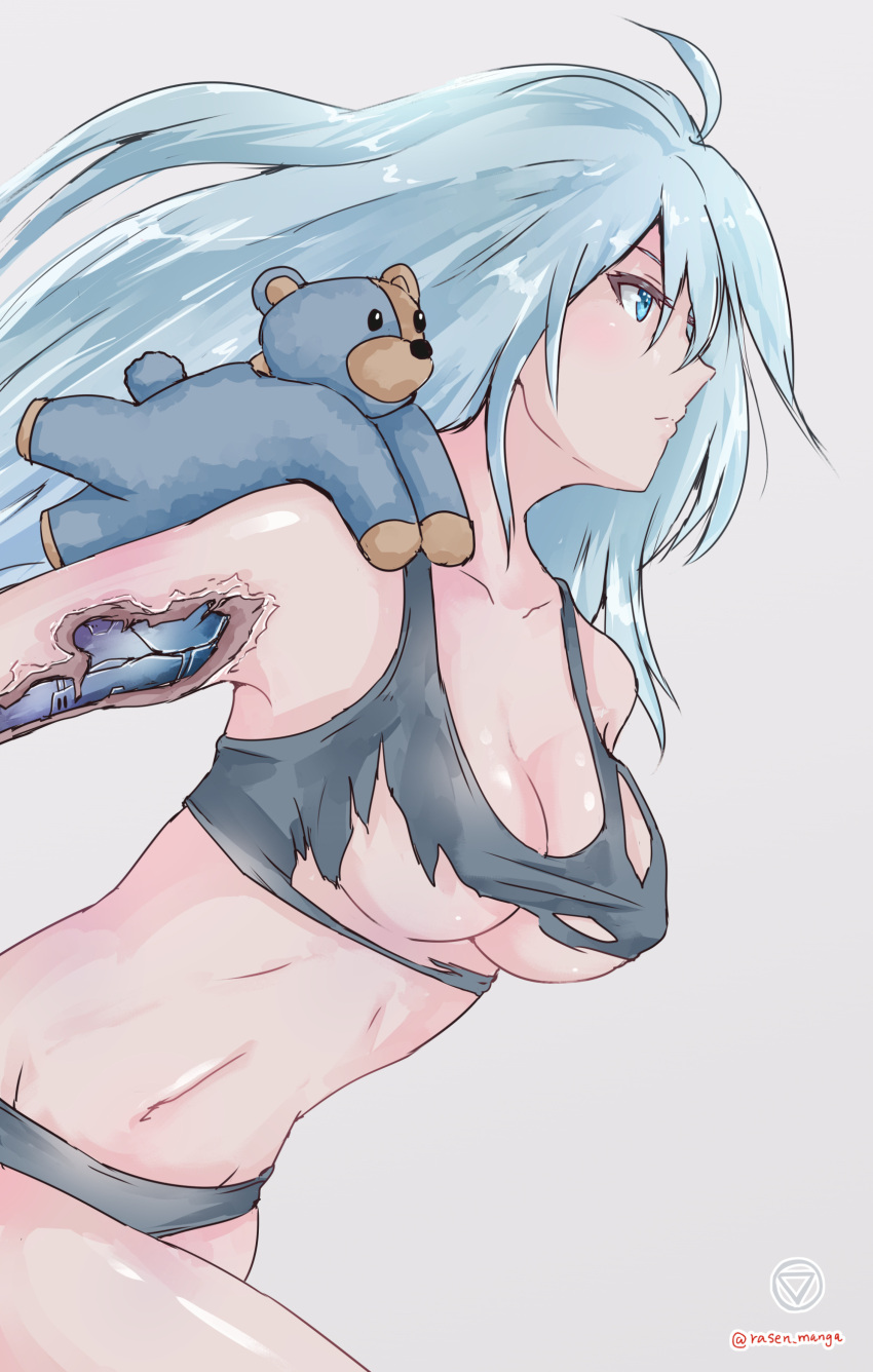 1girl absurdres android blue_eyes blue_hair breasts damaged highres matsumoto_(vivy) rasen_manga stuffed_animal stuffed_toy teddy_bear torn_clothes vivy vivy:_fluorite_eye's_song white_background