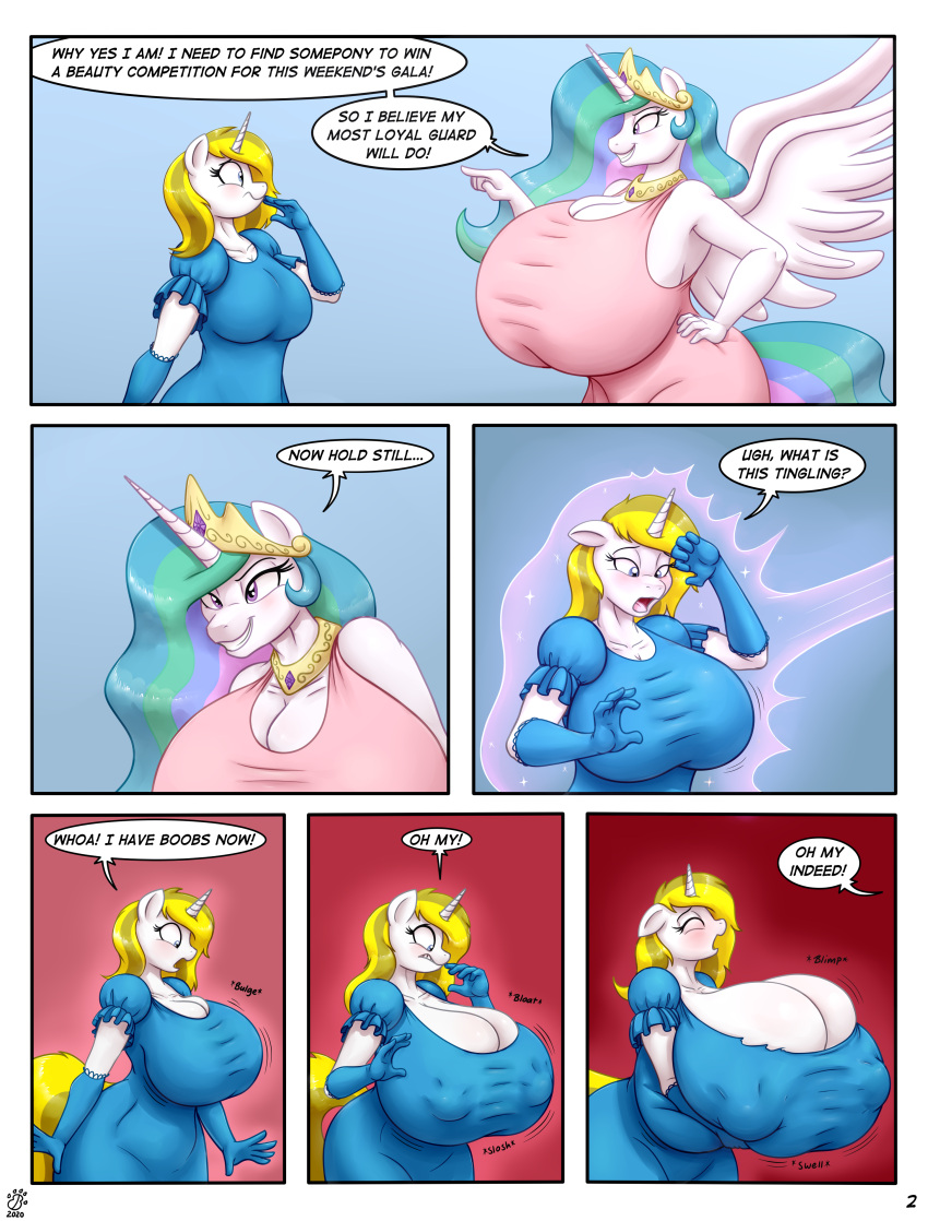 absurd_res anthro anthrofied badgerben big_breasts blonde_hair breast_expansion breasts cleavage clothed clothing comic dialogue duo english_text equid equine expansion female friendship_is_magic hair hasbro hi_res horn huge_breasts hyper hyper_breasts hyperstorm_h mammal my_little_pony princess_celestia_(mlp) solo text unicorn white_body white_heart_(oc) winged_unicorn wings