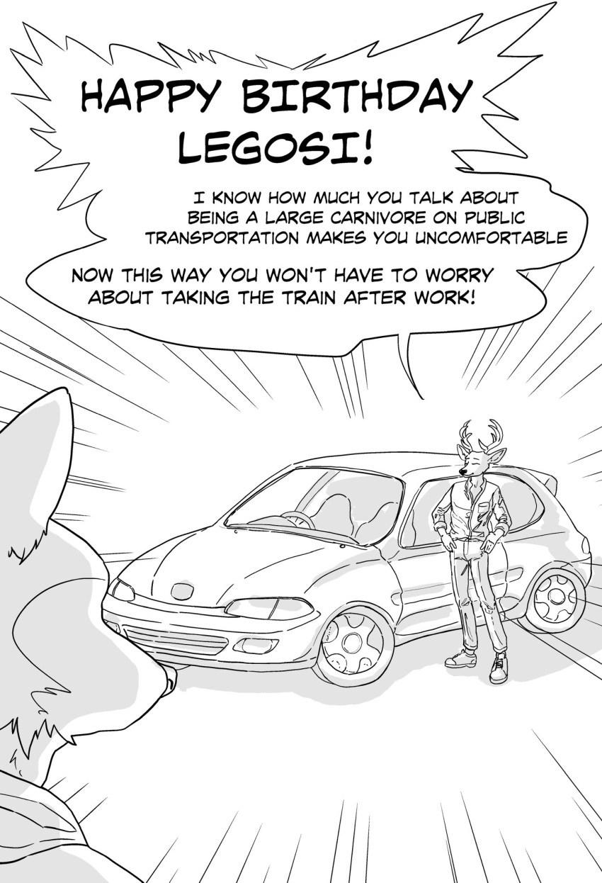 2021 anthro antlers beastars birthday black_and_white bottomwear canid canine canis car cervid clothed clothing dialogue duo emanata english_text ffog gift hands_on_hips happy_birthday hi_res horn jacket legoshi_(beastars) louis_(beastars) male mammal monochrome pants shirt simple_background standing text topwear vehicle white_background wolf