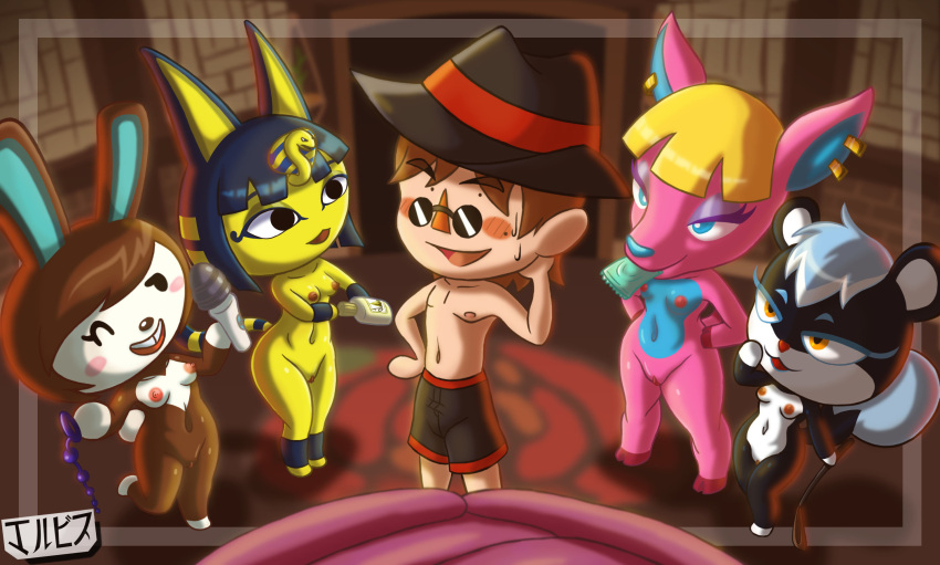 animal_crossing ankha_(animal_crossing) anthro black_body black_eyes black_fur blonde_hair blue_eyes blue_hair breasts brown_body brown_fur brown_hair carmen_(animal_crossing) cervid clothing condom domestic_cat ear_piercing egyptian eyewear felid feline felis female fuchsia_(animal_crossing) fur genitals glasses group hair hat headgear headwear hi_res hooves human jackintaro lagomorph leporid male mammal nintendo nipples nude piercing pink_body pink_fur pussy rabbit rodent sciurid sex_toy sexual_barrier_device tasha_(animal_crossing) vibrator video_games villager_(animal_crossing) yellow_body