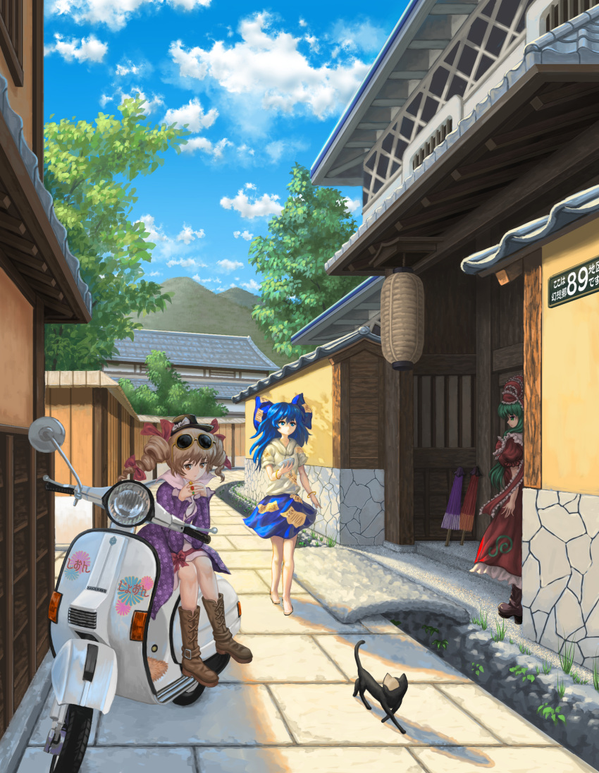 3girls absurdres alley architecture bare_legs barefoot belt_boots blue_eyes blue_hair blue_skirt blue_sky boots bow brown_hair building cat cloud coat cross-laced_footwear dress drill_hair east_asian_architecture expressionless eyewear_on_head green_hair ground_vehicle hair_bow hair_ribbon hat highres hooded_shirt kagiyama_hina lace-up_boots long_hair mini_hat moped motor_vehicle mountain multiple_girls outdoors purple_coat red_dress ribbon short_sleeves skirt sky syuraime_0 touhou tree umbrella yorigami_shion