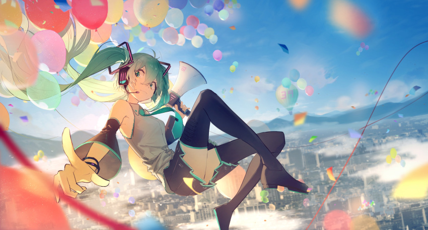 1girl 39 aircraft aqua_eyes aqua_hair aqua_neckwear balloon bare_shoulders black_legwear black_skirt black_sleeves blue_sky bracelet cable city cityscape commentary confetti detached_sleeves floating foreshortening from_side grey_shirt hair_ornament hatsune_miku headphones headset highres holding holding_megaphone hot_air_balloon hua_ben_wuming index_finger_raised jewelry long_hair looking_to_the_side megaphone miniskirt mountainous_horizon necktie outdoors pleated_skirt shirt sideways_glance skirt sky sleeveless sleeveless_shirt smile solo symbol_commentary thighhighs twintails very_long_hair vocaloid zettai_ryouiki