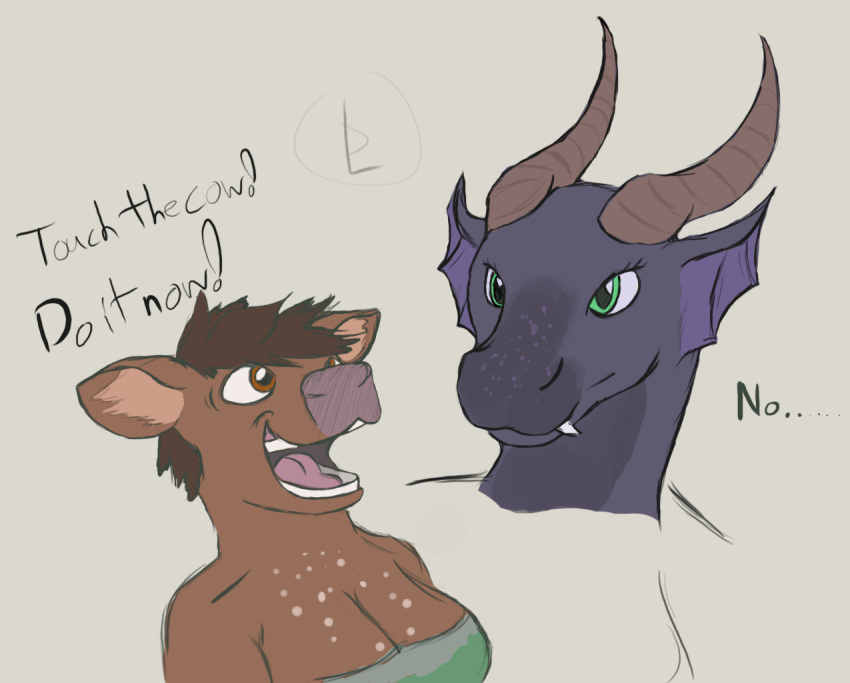 2019 ambiguous_gender anthro bovid bovine breasts brown_body brown_eyes brown_hair cattle dialogue dragon duo english_text female green_eyes hair mammal open_mouth pink_tongue simple_background sunderlovely text tongue