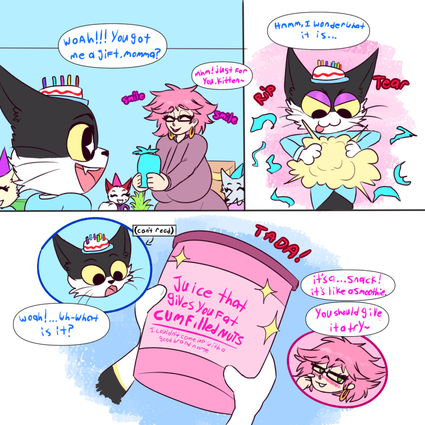 1:1 2021 animal_crossing anthro comic digital_media_(artwork) ear_piercing ear_ring english_text eyewear fangs felid female gift glasses green_eyes hair hi_res human male mammal mature_female nintendo olivia_(animal_crossing) piercing pink_hair punchy_(animal_crossing) slickerwolf text video_games villager_(animal_crossing) whitney_(animal_crossing) yellow_sclera