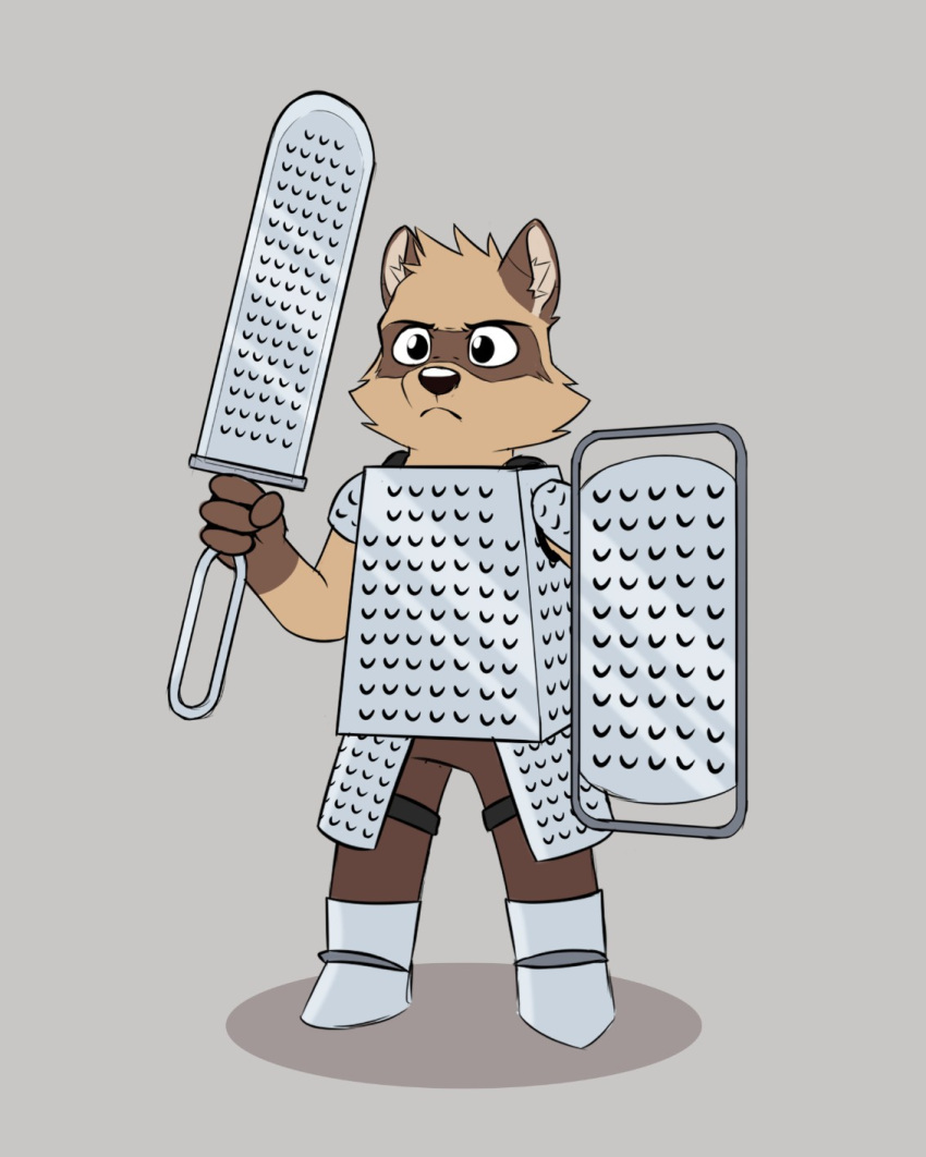 2021 anjing_kampuss anthro armor biped black_nose brown_body brown_fur cheese_grater fur grey_background hi_res humanoid_hands mammal procyonid raccoon simple_background solo