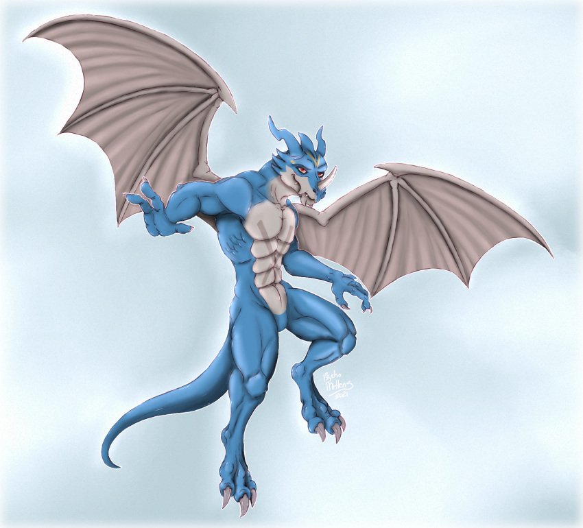 3_fingers 3_toes abs anthro blue_body claws digimon digimon_(species) dragon exveemon feet fingers flying hi_res horn male membrane_(anatomy) membranous_wings muscular muscular_anthro muscular_male pecs psychomittens scalie solo toes wings