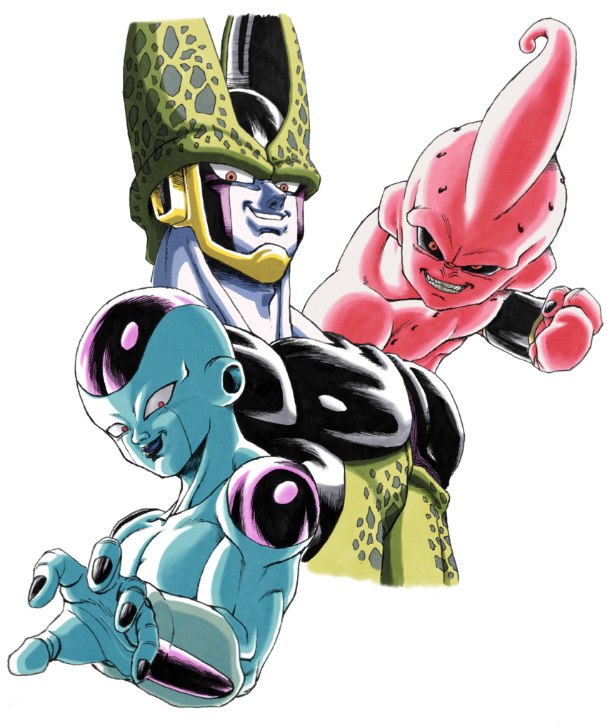 3boys absurdres black_lips black_nails black_sclera cell_(dragon_ball) clenched_hand clenched_teeth colored_sclera colored_skin commentary_request dragon_ball dragon_ball_z frieza grey_skin highres looking_at_viewer majin_buu male_focus multiple_boys nagare_seiya parted_lips perfect_cell pink_skin red_eyes sharp_teeth simple_background smile teeth toriyama_akira_(style) white_background