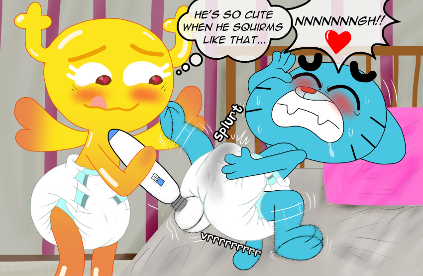 &lt;3 &lt;3_eyes bedroom_setting blush cartoon_network clenched_teeth comic cum_stain dialogue diaper diaper_fetish domestic_cat duo ejaculation english_text felid feline felis female flailing genitals gumball_watterson hi_res hitachi_magic_wand illustration inner_monologue looking_at_another male male/female mammal mrwhiskerz orgasm_face penile penis penny_fitzgerald sex_toy shape_shifter teeth tenerius text the_amazing_world_of_gumball tongue tongue_out vibrator vibrator_on_penis young