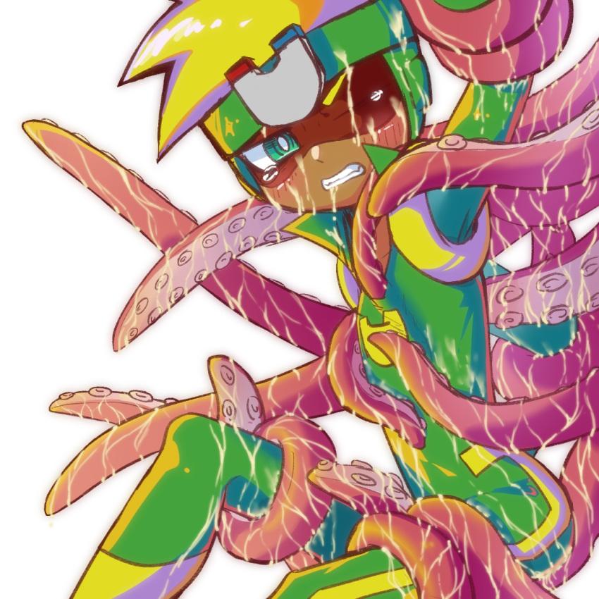 1boy blonde_hair green_headwear green_outfit happy_heroes magnet mask octopus smart_s tentacles