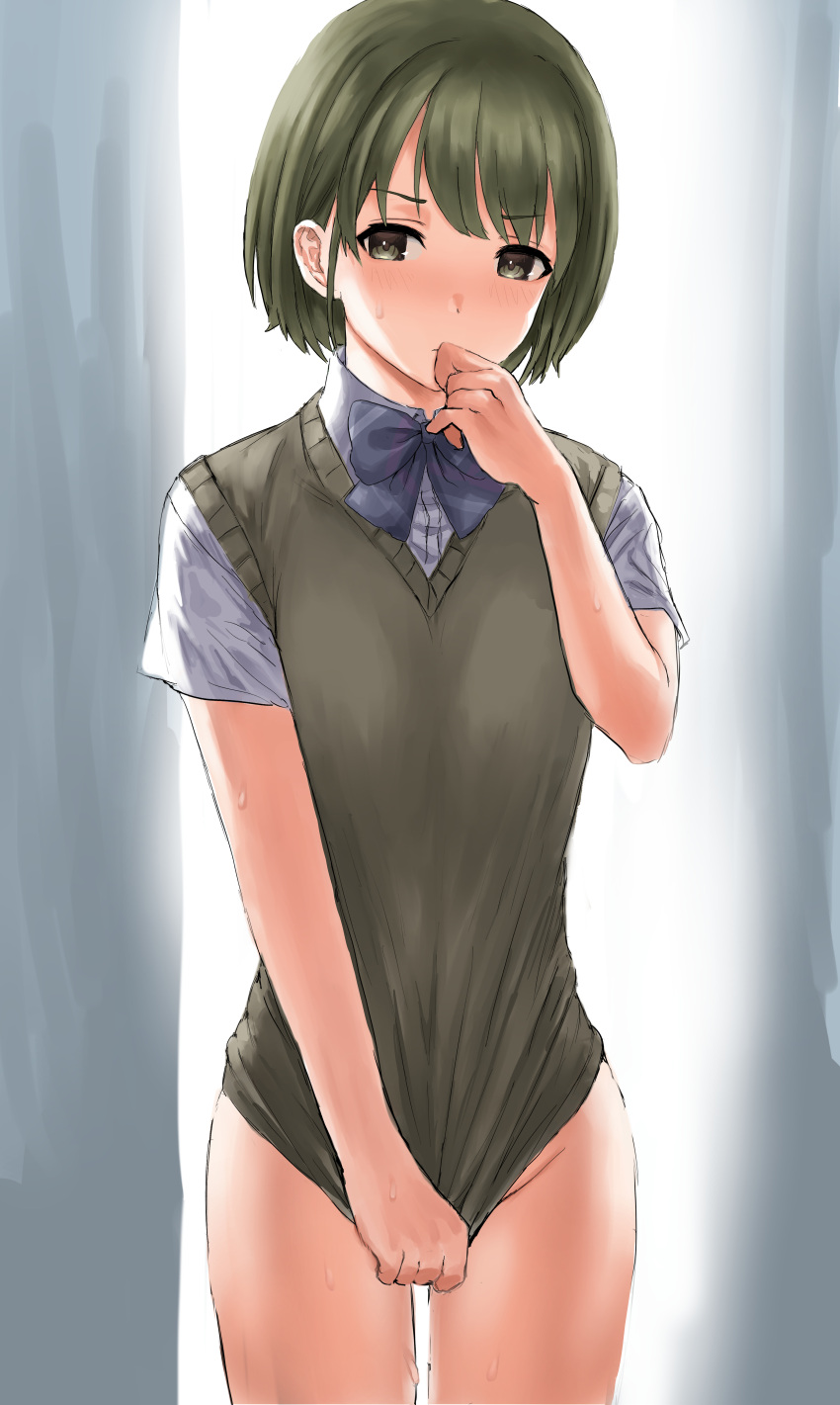 1girl absurdres bangs blush bob_cut bottomless bow bowtie brown_sweater_vest clothes_tug commentary covering covering_crotch cowboy_shot dress_shirt embarrassed eyebrows_visible_through_hair green_eyes green_hair grey_background grey_bow grey_neckwear groin hand_to_own_mouth highres idolmaster idolmaster_shiny_colors kakeru_(fujiwara_kakeru) looking_at_viewer nanakusa_nichika no_panties no_pants school_uniform shirt short_hair short_sleeves solo sweat sweatdrop sweater sweater_tug sweater_vest thigh_gap white_background white_shirt