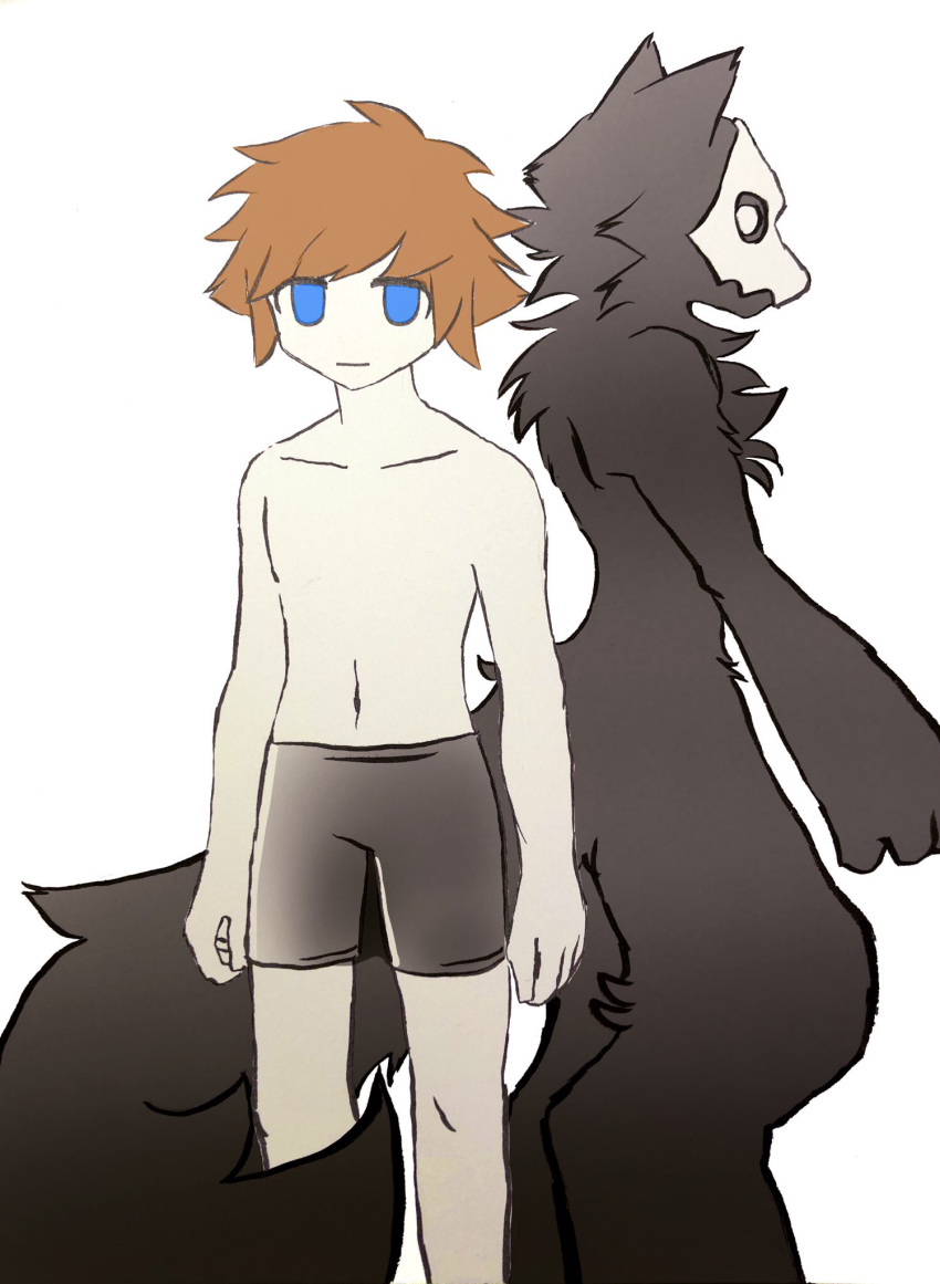 ambiguous_gender anthro black_body black_fur blue_eyes bottomwear brown_hair canid canine canis changed_(video_game) chest_tuft clothing duo fluffy fluffy_tail fur hair hi_res human lin_(changed) looking_at_viewer male mammal mask mother1 orange_hair puro_(changed) shorts simple_background topless_human topless_male tuft white_background white_body white_eyes wolf