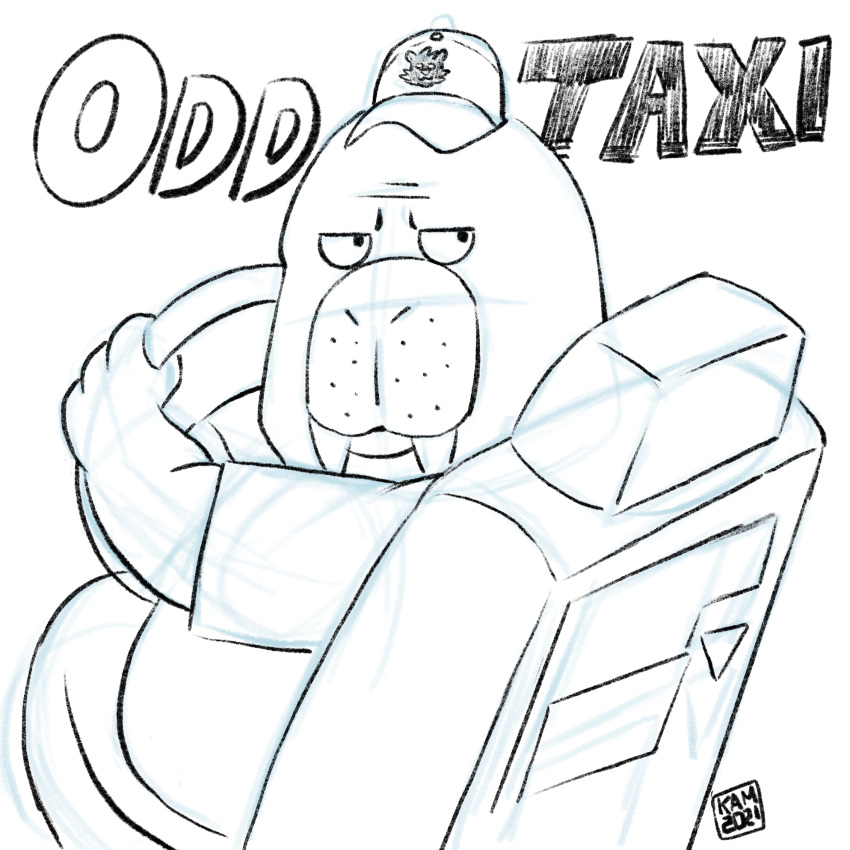 2021 anthro biped bottomwear clothing driving hat headgear headwear hi_res kamui_shirow male mammal marine odd_taxi odokawa_(odd_taxi) overweight overweight_anthro overweight_male pants pinniped shirt sitting sketch solo topwear walrus