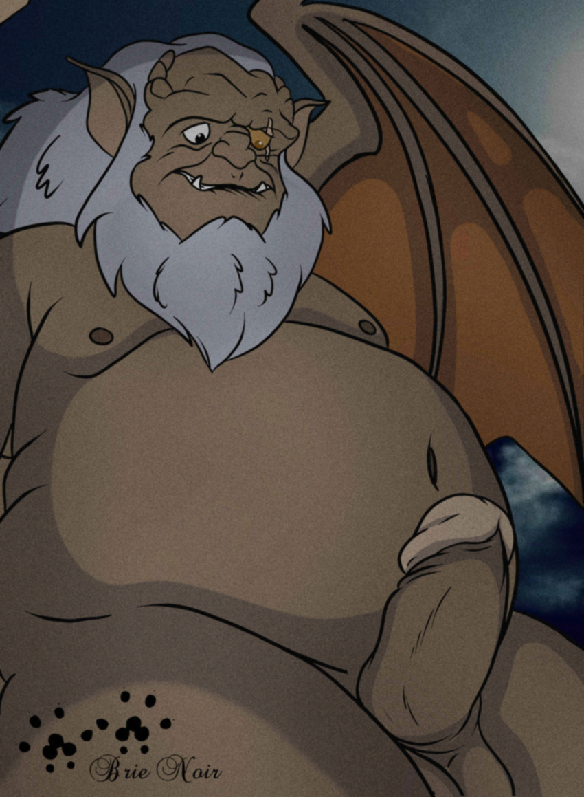 absurd_res balls beard belly brienoir disney erection facial_hair gargoyle gargoyles genitals hair hi_res hudson_(gargoyles) humanoid humanoid_genitalia humanoid_penis male mature_male navel nipples not_furry penis scar solo white_hair wings