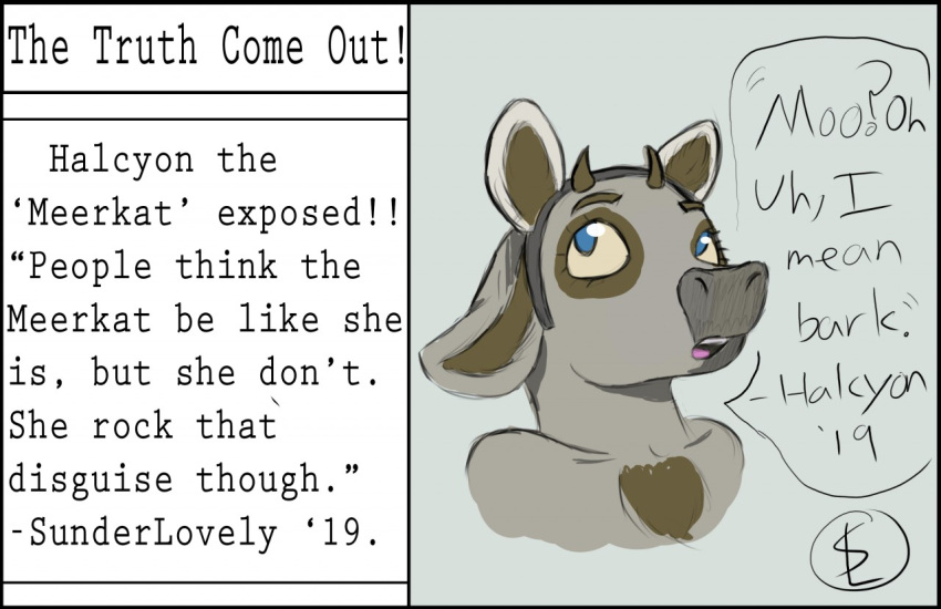 2019 ambiguous_gender anthro blue_eyes dialogue english_text fake_animal_ears female_(lore) haley_(halcy0n) herpestid mammal meerkat pink_tongue simple_background solo speech_bubble sunderlovely teeth text tongue