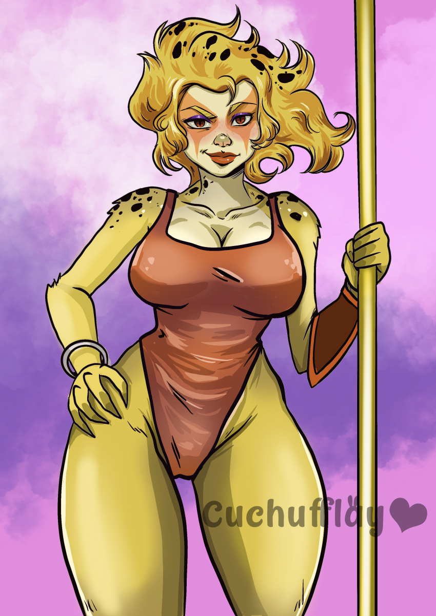 absurd_res anthro big_breasts blush breasts cheetah cheetara clothing cuchufflay facial_markings felid feline female fur hair hand_on_hip head_markings hi_res humanoid lips mammal markings red_lips solo spots spotted_body spotted_fur spotted_hair staff thick_thighs thundercats tight_clothing yellow_body yellow_fur