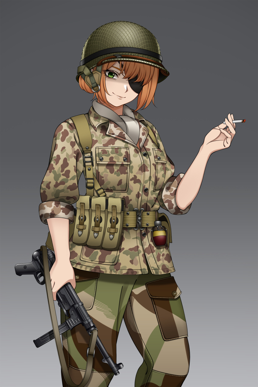 1girl assault_rifle bangs belt camouflage cigarette explosive gradient gradient_background green_eyes grenade grey_background gun hat highres holding holding_gun holding_weapon holster jacket keiita m1_helmet military military_hat military_uniform mp40 orange_hair original pants paratrooper rifle short_hair smile smock solo standing submachine_gun uniform weapon