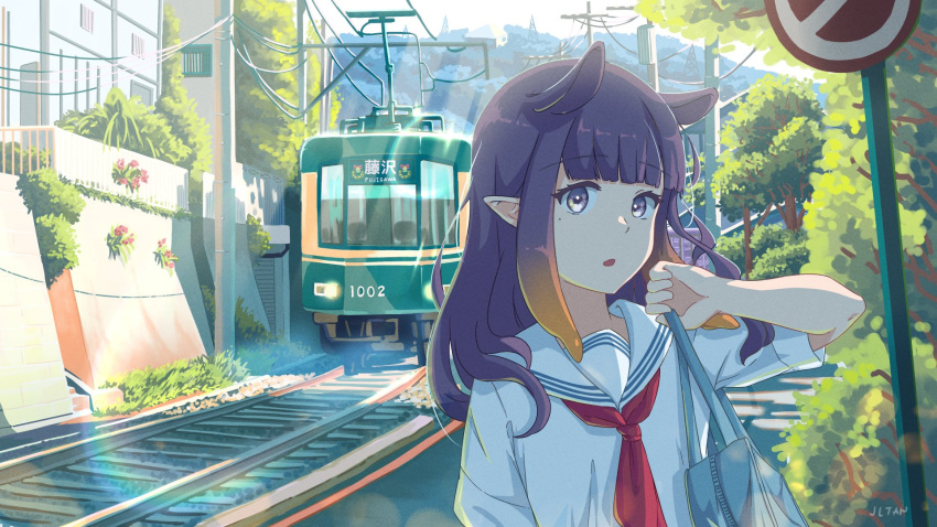 1girl :o alternate_costume bag bangs english_commentary eyebrows_visible_through_hair ground_vehicle hair_behind_ear highres holding holding_bag hololive hololive_english jl_tan mole mole_under_eye ninomae_ina'nis pointy_ears power_lines purple_eyes purple_hair scenery school_bag solo train upper_body virtual_youtuber