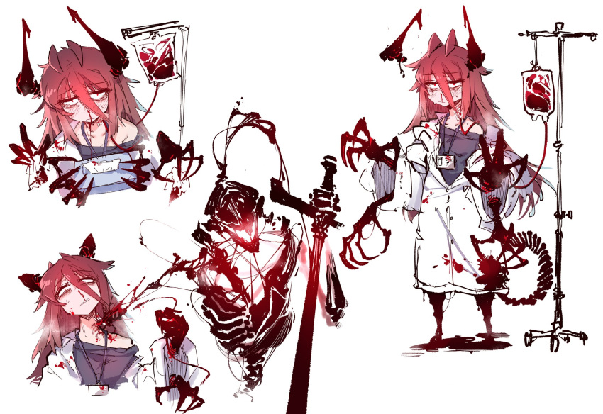 blood blood_bag blood_on_clothing blood_on_ground bodily_fluids clothed clothing female gore hi_res horn humanoid karasu_chan monster_girl_(genre) multi_arm multi_limb nosebleed scrubs solo tissue_box