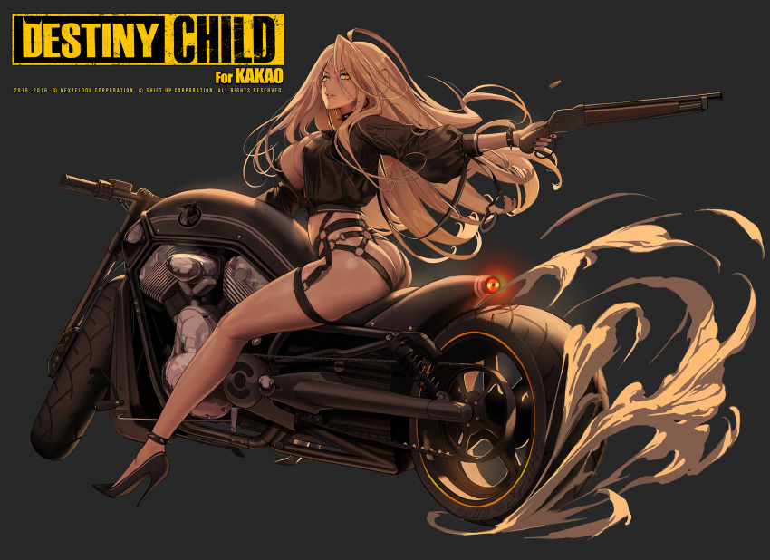 1girl aiming ass black_footwear black_jacket blonde_hair bracelet breasts cleavage collar dark_background destiny_child eyebrows_visible_through_hair full_body ground_vehicle gun high_heels highres holding holding_gun holding_weapon jacket jewelry kubaba_(destiny_child) large_breasts legs long_hair long_sleeves looking_back motor_vehicle motorcycle official_art open_clothes open_jacket orange_eyes parted_lips sawed-off_shotgun shell_casing shotgun sitting sitting_on_object solo spiked_anklet spiked_bracelet spiked_collar spikes thigh_strap weapon zig90