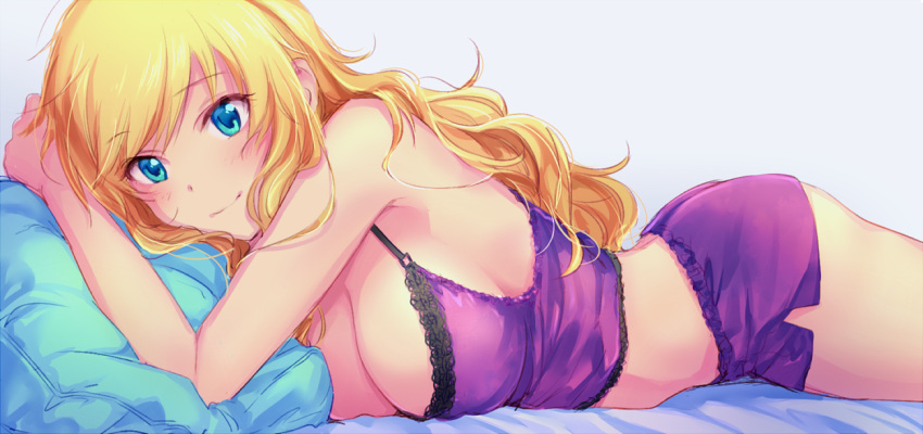 1girl ass bare_shoulders bed_sheet blonde_hair blush breasts camisole cleavage closed_mouth crop_top detached_sleeves duplicate eyebrows_visible_through_hair floating_hair idolmaster idolmaster_cinderella_girls lace-trimmed_camisole lace_trim looking_to_the_side lying medium_breasts midriff on_stomach ootsuki_yui pillow pillow_hug purple_camisole purple_shorts shiyu_(hagiwara_shiyu) shorts sideboob simple_background smile solo thighs underwear white_background