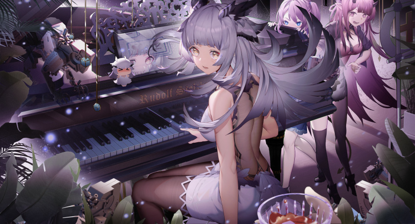 arknights blue_poison_(arknights) dress gray_hair instrument jinjide_shaonian long_hair piano pointed_ears ptilopsis_(arknights) purple_eyes purple_hair reflection robot see_through tagme_(character)