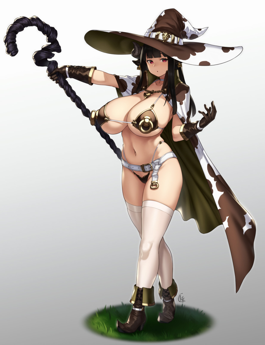 1girl animal_ears animal_print bangs bikini blunt_bangs blush breasts brown_hair cape cow_ears cow_girl cow_horns cow_print ear_tag full_body gloves hat highres horns houtengeki huge_breasts long_hair looking_at_viewer navel original purple_eyes staff swimsuit thighhighs witch_hat