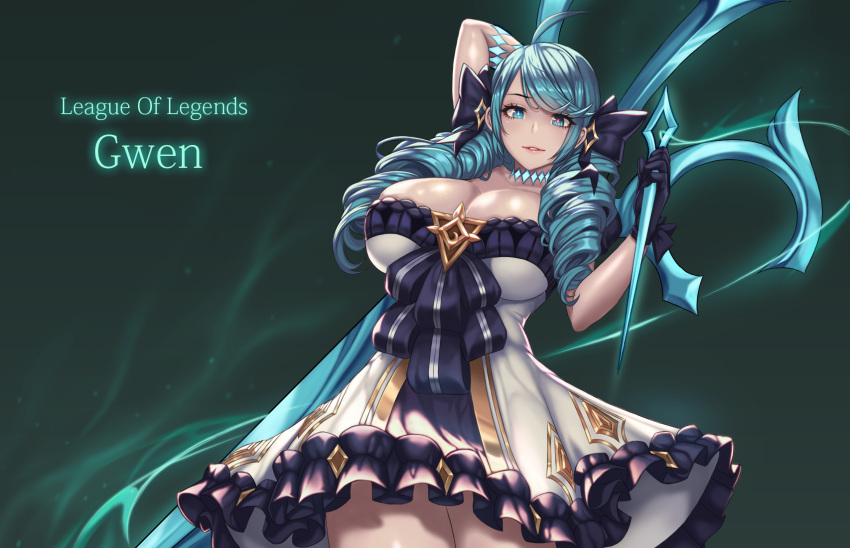1girl ahoge arm_up aura black_gloves blue_eyes blue_hair blue_pupils breasts character_name copyright_name cropped dress drill_hair frilled_dress frills gloves gwen_(league_of_legends) highres holding holding_needle holding_scissors holding_weapon large_breasts league_of_legends long_hair mad_kimo needle oversized_object parted_lips pink_pupils scissors smile solo thread weapon white_dress