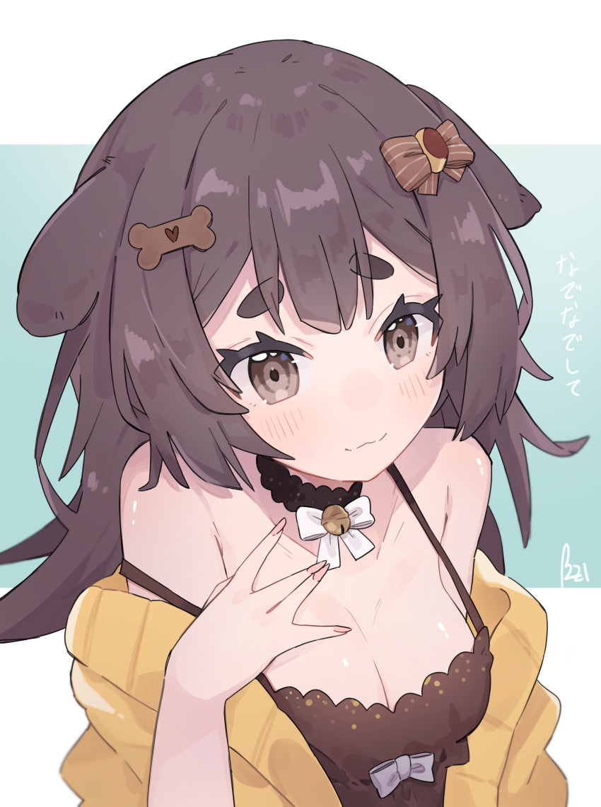 1girl absurdres animal_ears bangs bell black_choker blush bone_hair_ornament bow breast_suppress breasts brown_bow brown_eyes brown_hair choker cleavage collarbone dog_ears dog_girl english_commentary hair_bow hair_ornament highres inukai_purin lace lace_choker lucabassiart medium_breasts off_shoulder short_eyebrows smile solo sweater tsunderia virtual_youtuber w white_bow yellow_sweater