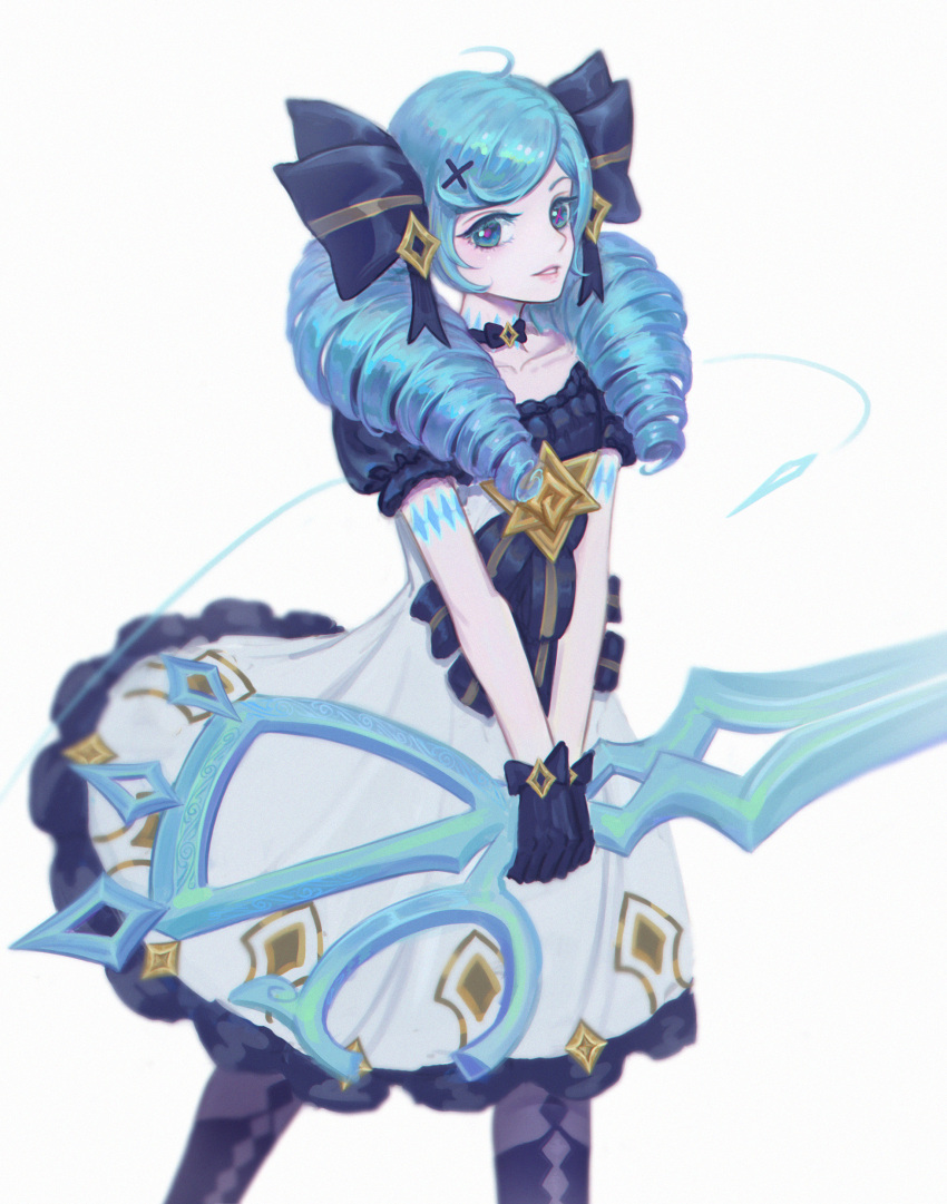 1girl absurdres black_bow black_gloves black_legwear blue_eyes blue_hair bow collarbone dress drill_hair frilled_dress frills gloves gwen_(league_of_legends) hair_ornament highres holding holding_scissors holding_weapon league_of_legends long_hair lucky_strike_(artist) needle oversized_object parted_lips puffy_sleeves purple_pupils scissors simple_background smile solo thread weapon white_background white_dress x x_hair_ornament