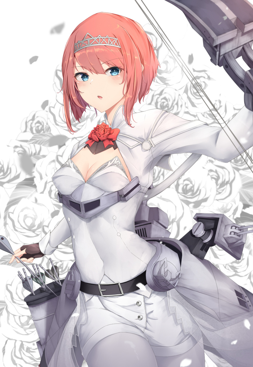 1girl ark_royal_(kancolle) arrow_(projectile) bangs blue_eyes blunt_bangs bob_cut bow_(weapon) breasts cleavage_cutout clothing_cutout compound_bow corset fingerless_gloves flower gloves highres holding holding_arrow inverted_bob jenson_tw kantai_collection long_sleeves overskirt pantyhose quiver red_flower red_hair red_rose rigging rose short_hair shorts small_breasts solo tiara weapon white_corset white_legwear white_shorts