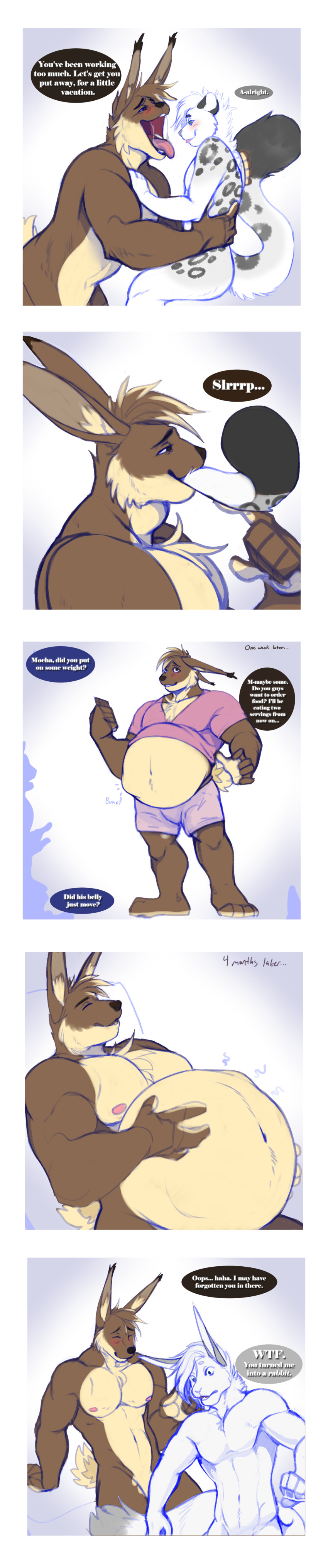 absurd_res anthro blush bodily_fluids breasts brown_body brown_fur butt chest_tuft clothing comic dialogue drooling duo ears_down ears_up embarrassed english_text felid fur hand_on_breast hand_on_chest hand_on_stomach hi_res lagomorph leporid long_image male male/male male_pred male_pregnancy male_prey mammal mawplay mocha_latte_love montage mouth_shot nude open_mouth oral_vore overweight overweight_male pantherine pivoted_ears pregnant rabbit saliva slurp slurping snow_leopard spots spots_(marking) surprise surprised_expression swallowing tall_image text time_lapse time_skip transformation transformation_sequence tuft vore what willing_vore willingprey wtf_face zyyph zyyphelze