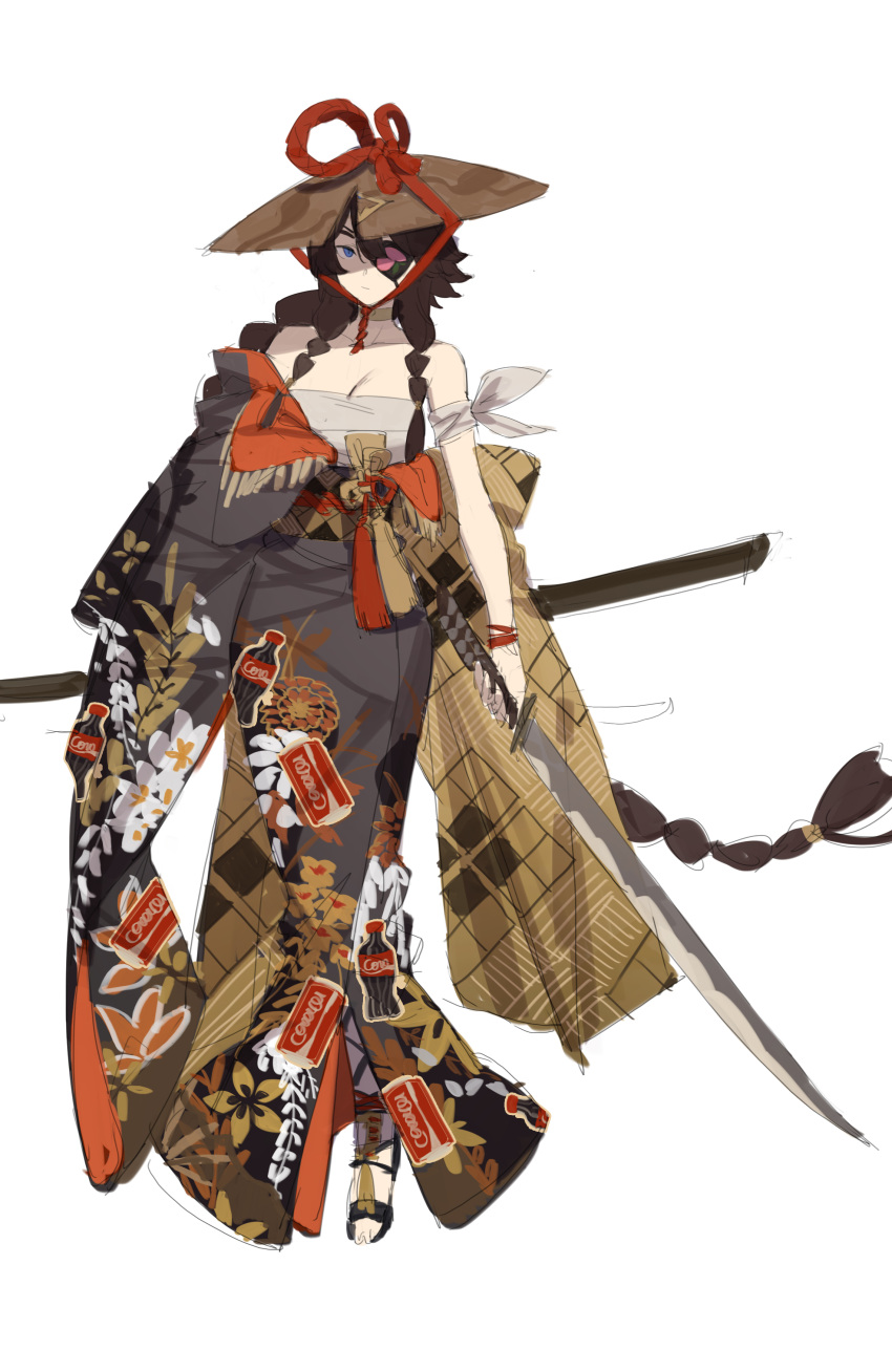 absurdres azur_lane blue_eyes breasts brown_hair cleavage coca-cola eyepatch floral_print gebijiade_89 georgia_(azur_lane) hat highres holding holding_sword holding_weapon large_breasts long_hair off-shoulder_kimono official_art sandals simple_background sketch straw_hat sword weapon white_background