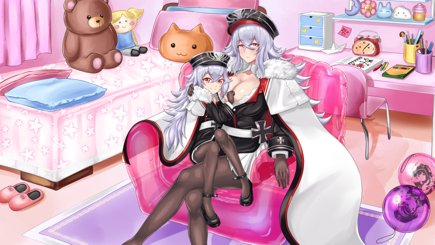 2girls alarm_clock azur_lane balloon bangs bed bed_sheet bedroom black_footwear black_gloves book breasts cape chair cleavage clock collarbone commentary_request couch crayon crossed_legs desk eyebrows_visible_through_hair eyes_visible_through_hair fur_cape fur_trim gloves graf_zeppelin_(azur_lane) hair_between_eyes hat high_heels highres iron_cross large_breasts long_hair long_sleeves looking_at_viewer mother_and_daughter multiple_girls origami pantyhose paper_boat parted_lips peaked_cap pen pencil picture_(object) pillow pleated_skirt red_eyes sidelocks silver_hair sitting sitting_on_lap sitting_on_person skirt slippers stuffed_animal stuffed_toy teddy_bear white_skirt yon_senpai younger z35_(azur_lane) z36_(azur_lane) zeppy_(azur_lane)