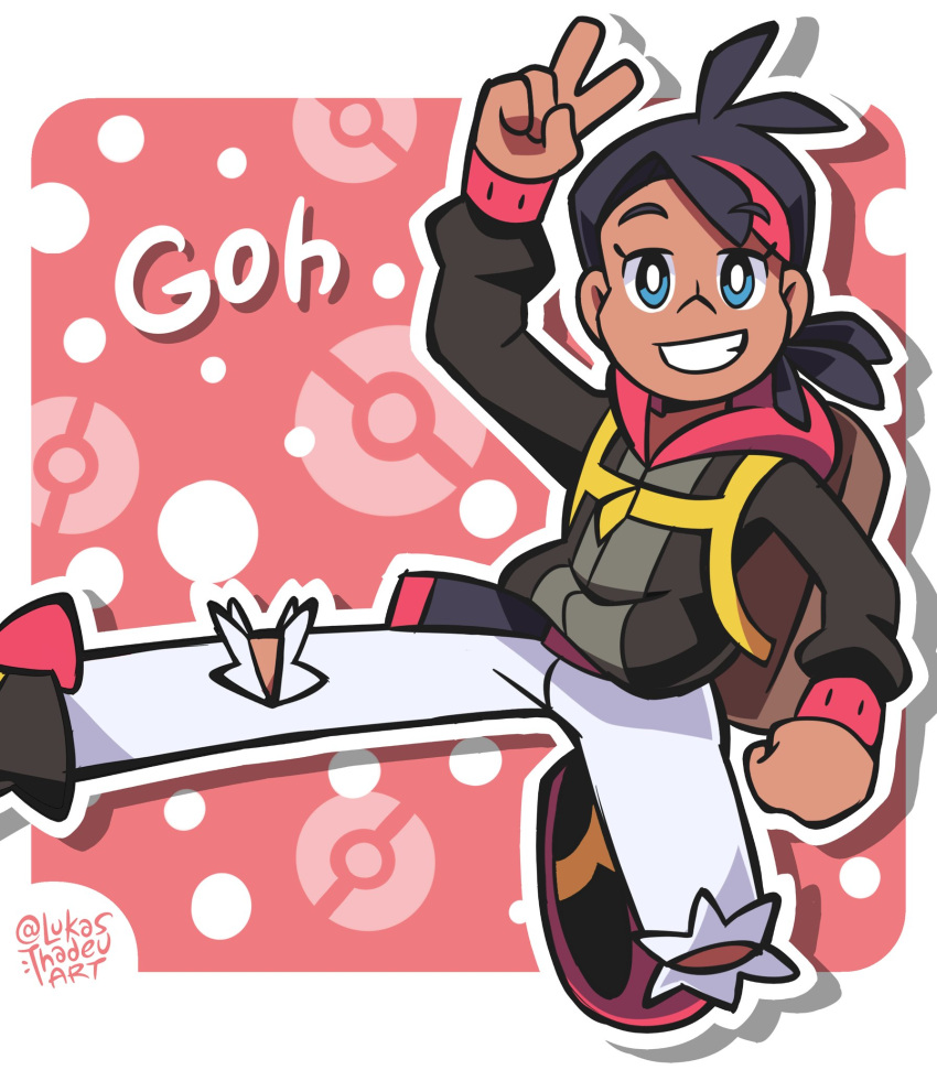 1boy alternate_costume alternate_hairstyle black_hair blue_eyes brown_bag brown_shirt bubble_background character_name dark_skin dark_skinned_male eyelashes goh_(pokemon) grin highres hood hoodie lukas_thadeu male_focus pants pink_background pokemon pokemon_(anime) pokemon_swsh_(anime) shirt signature smile solo spiked_hair tagme torn_clothes torn_legwear twitter_username v white_pants