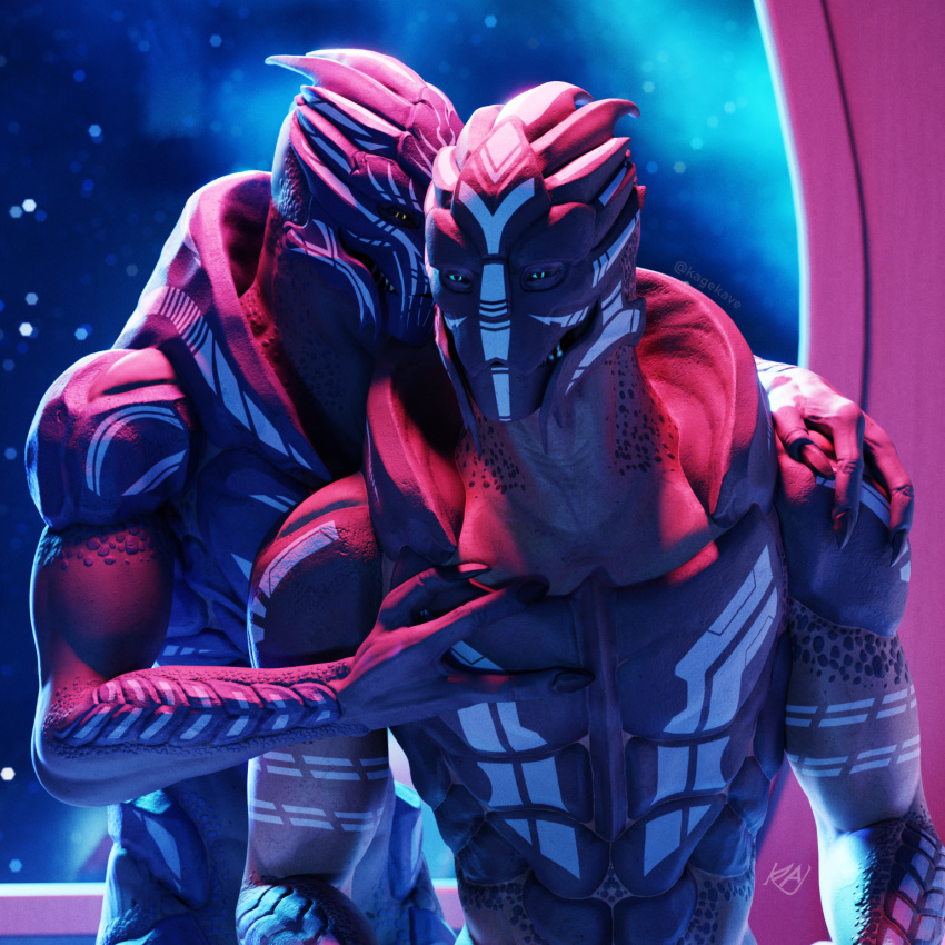 3d_(artwork) alien arm_around_shoulders blue_eyes cuddling digital_media_(artwork) duo hand_on_chest hand_on_shoulder hi_res hug hugging_from_behind kagekave looking_at_viewer male male/male mass_effect muscular muscular_male nude space turian video_games yellow_eyes