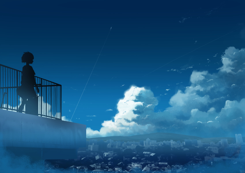 1girl absurdres blue_sky building city cityscape cloud commentary_request condensation_trail cumulonimbus_cloud day hati_98 highres house mixed-language_commentary mountain original outdoors rooftop scenery silhouette sky solo standing tokyo_(city)