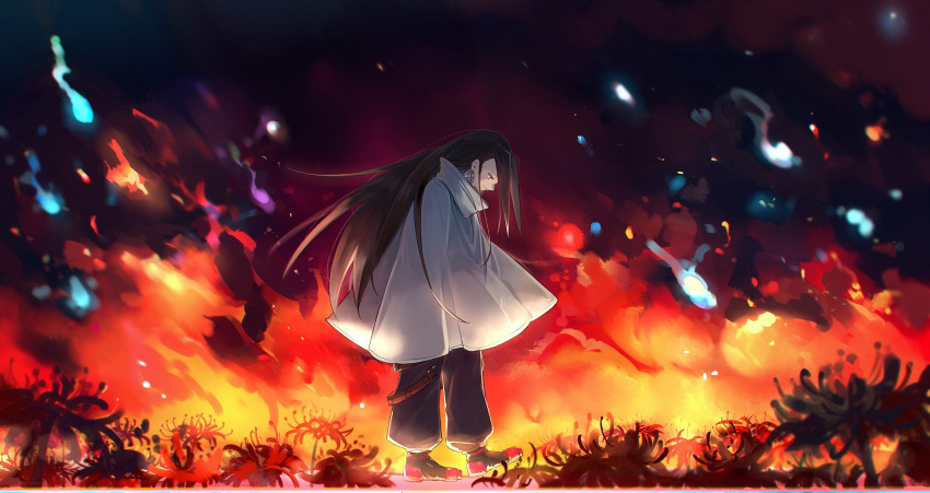 1boy aki_(neyuki41028) asakura_hao black_footwear black_pants brown_eyes brown_hair burning cape closed_mouth commentary_request embers fire from_side full_body highres long_hair looking_down male_focus outdoors pants plant profile shaman_king shoes smile smoke solo standing star_(symbol) very_long_hair white_cape