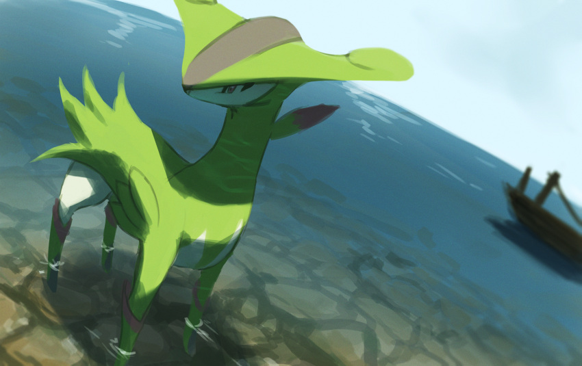 closed_mouth commentary_request gen_5_pokemon highres legendary_pokemon looking_to_the_side no_humans one-hour_drawing_challenge outdoors pokemon pokemon_(creature) rend solo standing virizion wading water