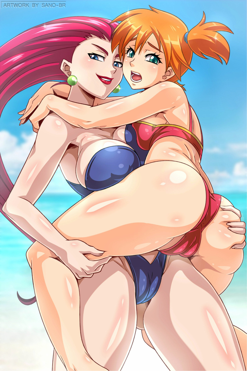 2girls absurdres alternate_costume artist_name ass ass_grab bangs bikini blue_eyes blush cameltoe cloud commentary covered_nipples day earrings english_commentary eyelashes green_eyes hair_tie highres jessie_(pokemon) jewelry lipstick long_hair looking_at_viewer looking_back makeup misty_(pokemon) multiple_girls open_mouth orange_hair outdoors parted_lips pokemon pokemon_(anime) pokemon_(classic_anime) red_bikini red_lips sano_br shiny shiny_hair shiny_skin sky smile sparkle standing swimsuit teeth tied_hair tongue watermark