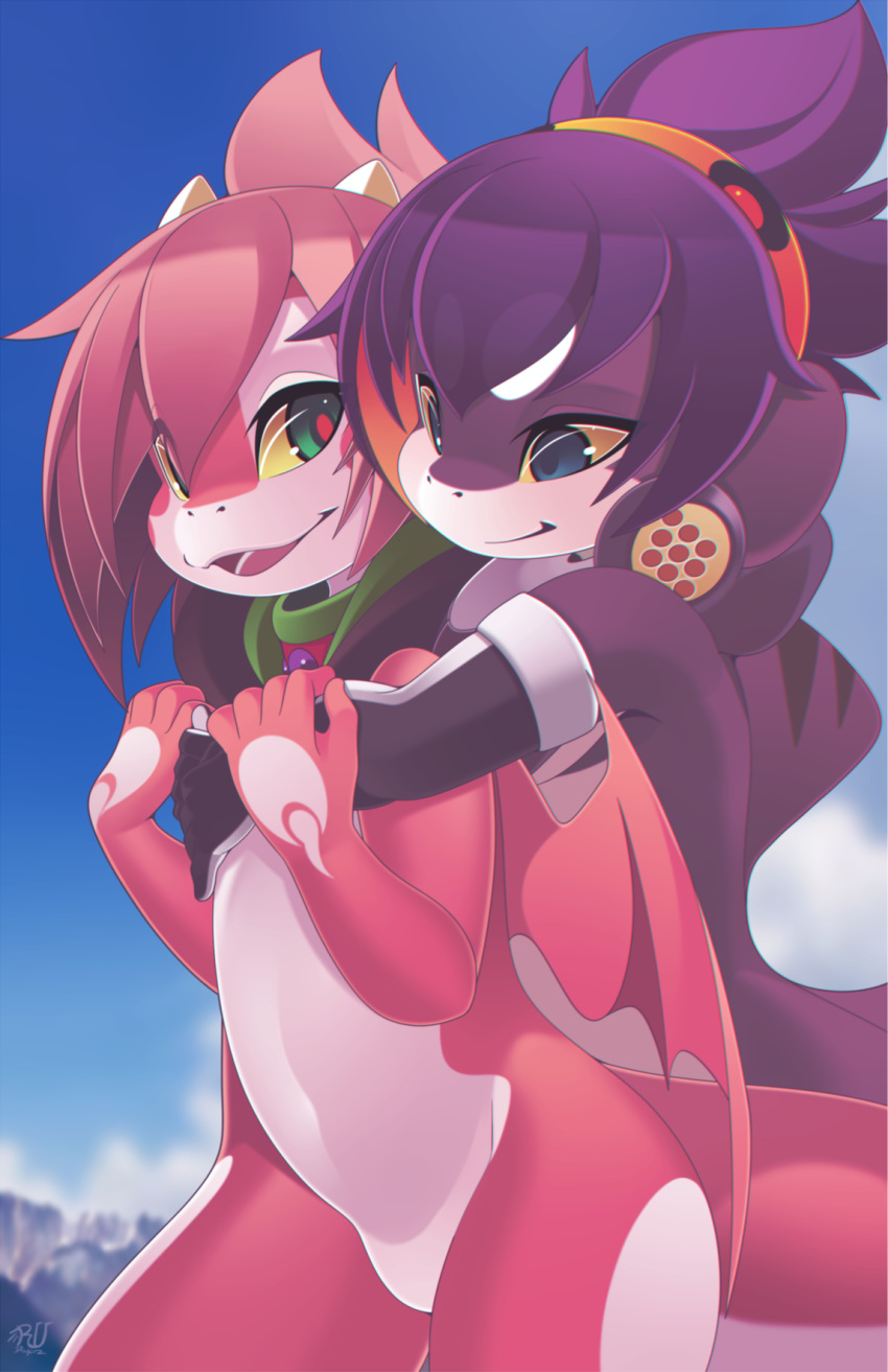 5_fingers anthro blue_eyes collar day detailed_background digital_media_(artwork) dragon duo fin fingers green_eyes hair hi_res mako_(rudragon) membrane_(anatomy) membranous_wings open_mouth outside purple_hair red_hair ru_(rudragon) rudragon sky smile teeth tongue wings yellow_sclera