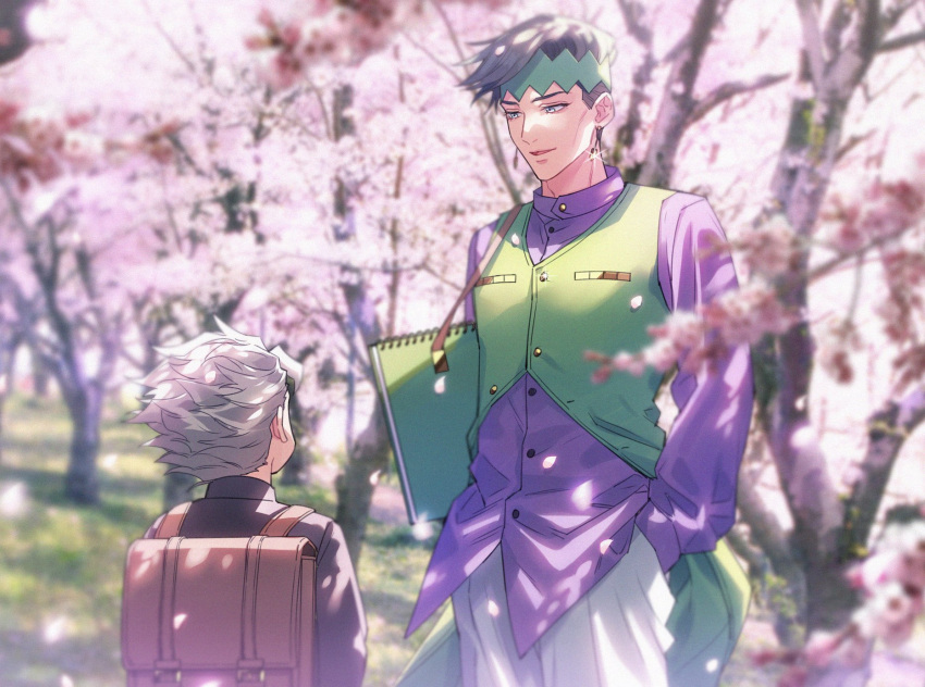 2boys :d backpack bag black_hair black_jacket blurry brown_bag buttons carrying_under_arm cherry_blossoms collared_shirt commentary_request day depth_of_field diamond_wa_kudakenai dress_shirt earrings facing_away falling_petals gakuran glint grass green_eyes green_headband green_vest grey_hair hand_in_pocket headband height_difference highres hirose_koichi jacket jewelry jojo_no_kimyou_na_bouken k_(gear_labo) kishibe_rohan long_sleeves looking_at_another looking_down male_focus multiple_boys notebook open_mouth outdoors pants petals purple_shirt school_bag school_uniform shirt short_hair smile spiked_hair standing tree untucked_shirt vest white_pants wind