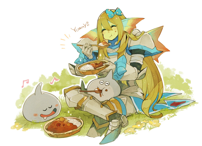 1boy blonde_hair bow closed_eyes curry dragon_quest dragon_quest_x eating escalin_(hld_doreko) food full_mouth hair_bow hld_doreko long_hair metal_slime original otoko_no_ko plate_armor sitting sitting_on_ground sleeping utensil_in_mouth