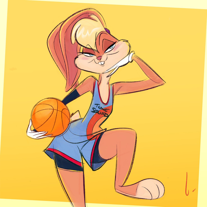 1:1 2021 anthro ball basketball basketball_uniform birchly bottomwear buckteeth clothed clothing female gloves half-closed_eyes handwear head_on_hand hi_res holding_ball holding_object lagomorph leporid lola_bunny looney_tunes mammal narrowed_eyes on_one_leg portrait rabbit shirt shorts simple_background smile solo space_jam space_jam:_a_new_legacy sportswear standing tank_top teeth topwear uniform warner_brothers yellow_background